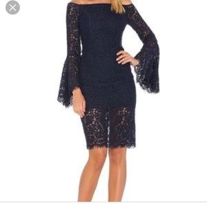 Bardot navy lace dress off shoulder, bell sleeves
